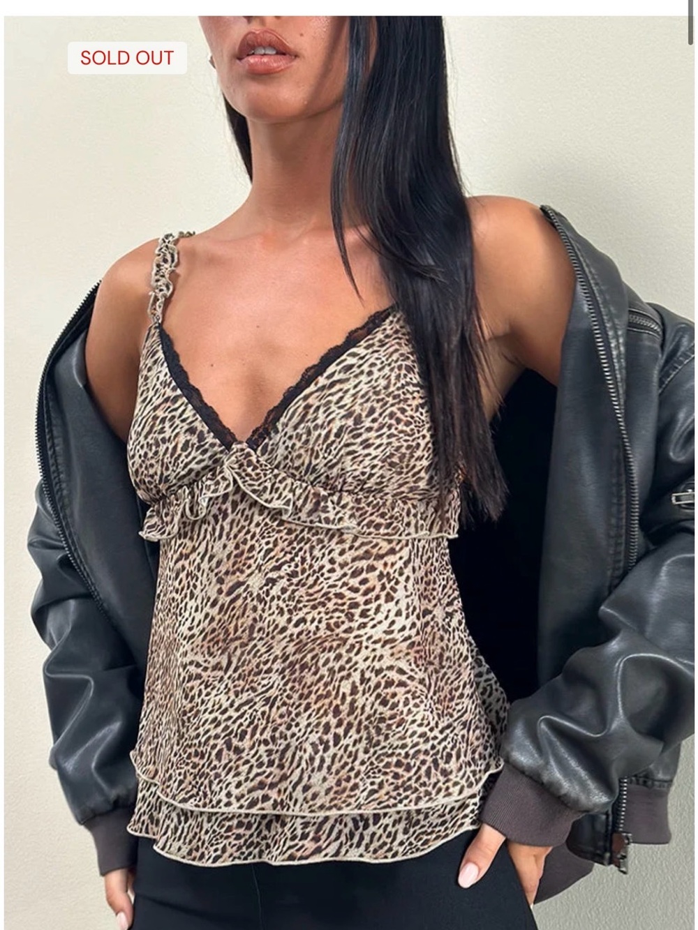 Motel Melinda Frill Cami Top In Chiffon Leopard Large New
